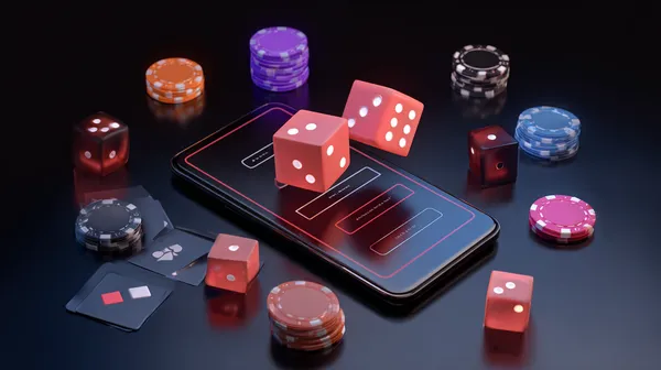 A woman smiling while playing online games on her laptop, surrounded by neon casino elements, showcasing JL1’s diverse game collection.