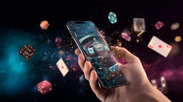 A woman smiling by bright slot machines showing lucky symbols, showcasing the exciting slot offerings at JL1.